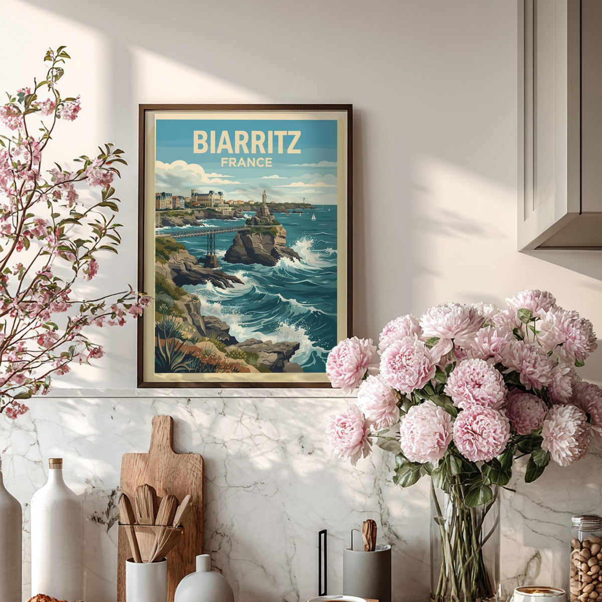 Biarritz France travel poster showing a coastal statue, iron bridge, and blue ocean waves.