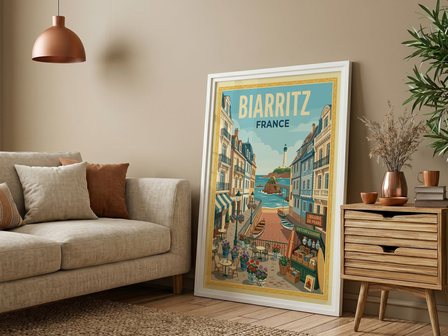 Biarritz, France travel poster with a street leading to the lighthouse and ocean, in a vibrant illustrative