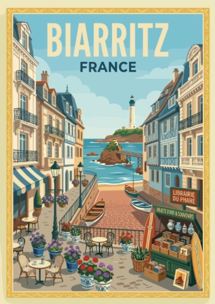 Biarritz, France travel poster with a street leading to the lighthouse and ocean, in a vibrant illustrative