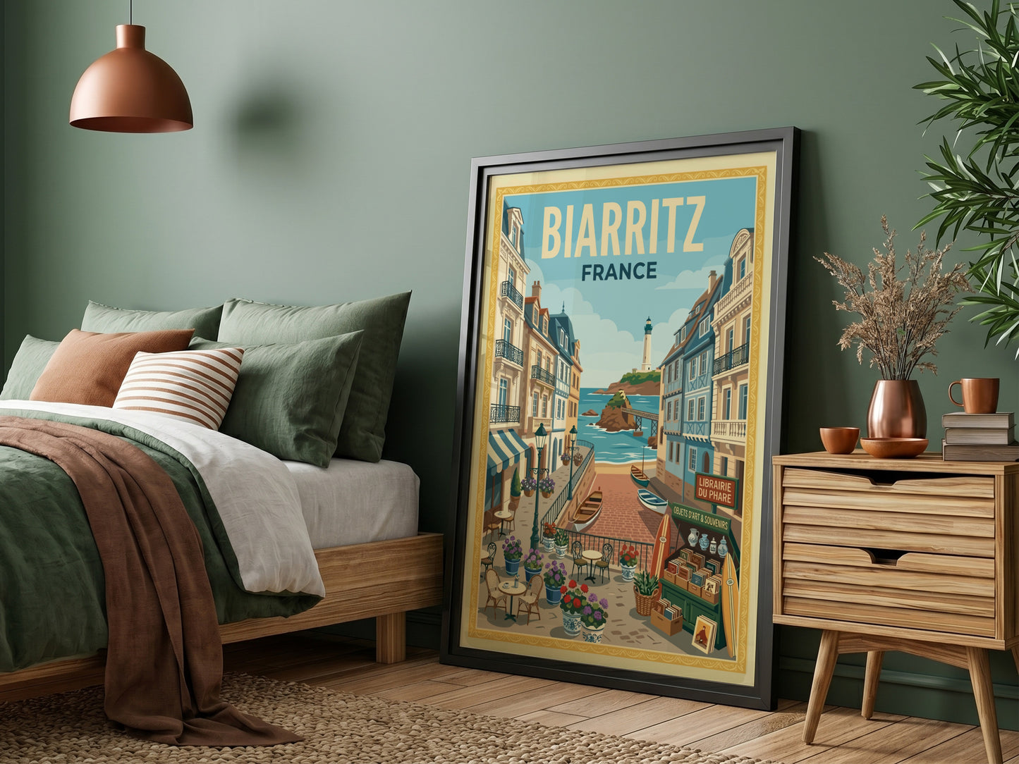 Biarritz, France travel poster with a street leading to the lighthouse and ocean, in a vibrant illustrative