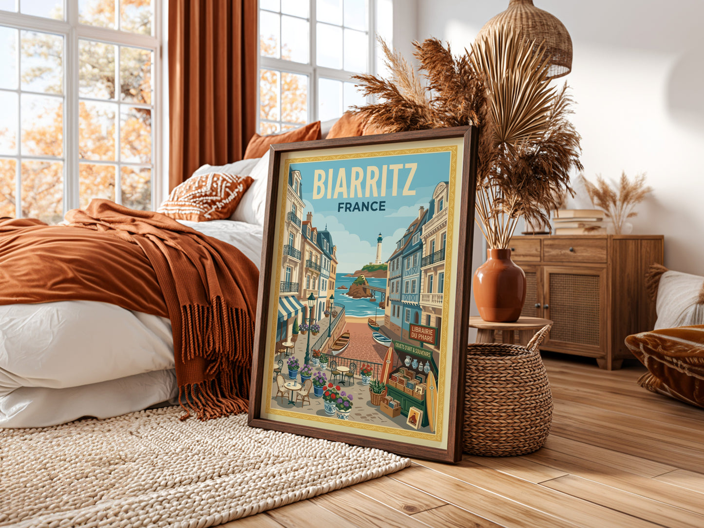 Biarritz, France travel poster with a street leading to the lighthouse and ocean, in a vibrant illustrative