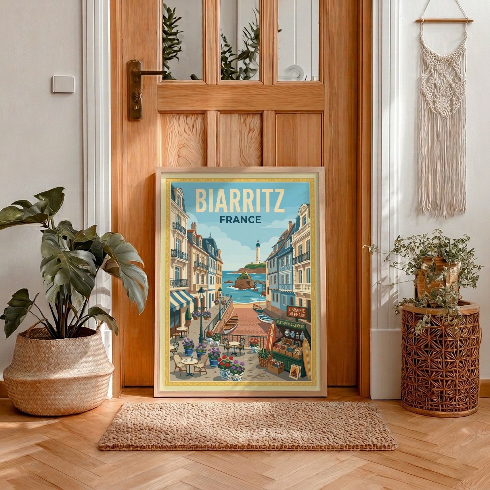 Biarritz, France travel poster with a street leading to the lighthouse and ocean, in a vibrant illustrative