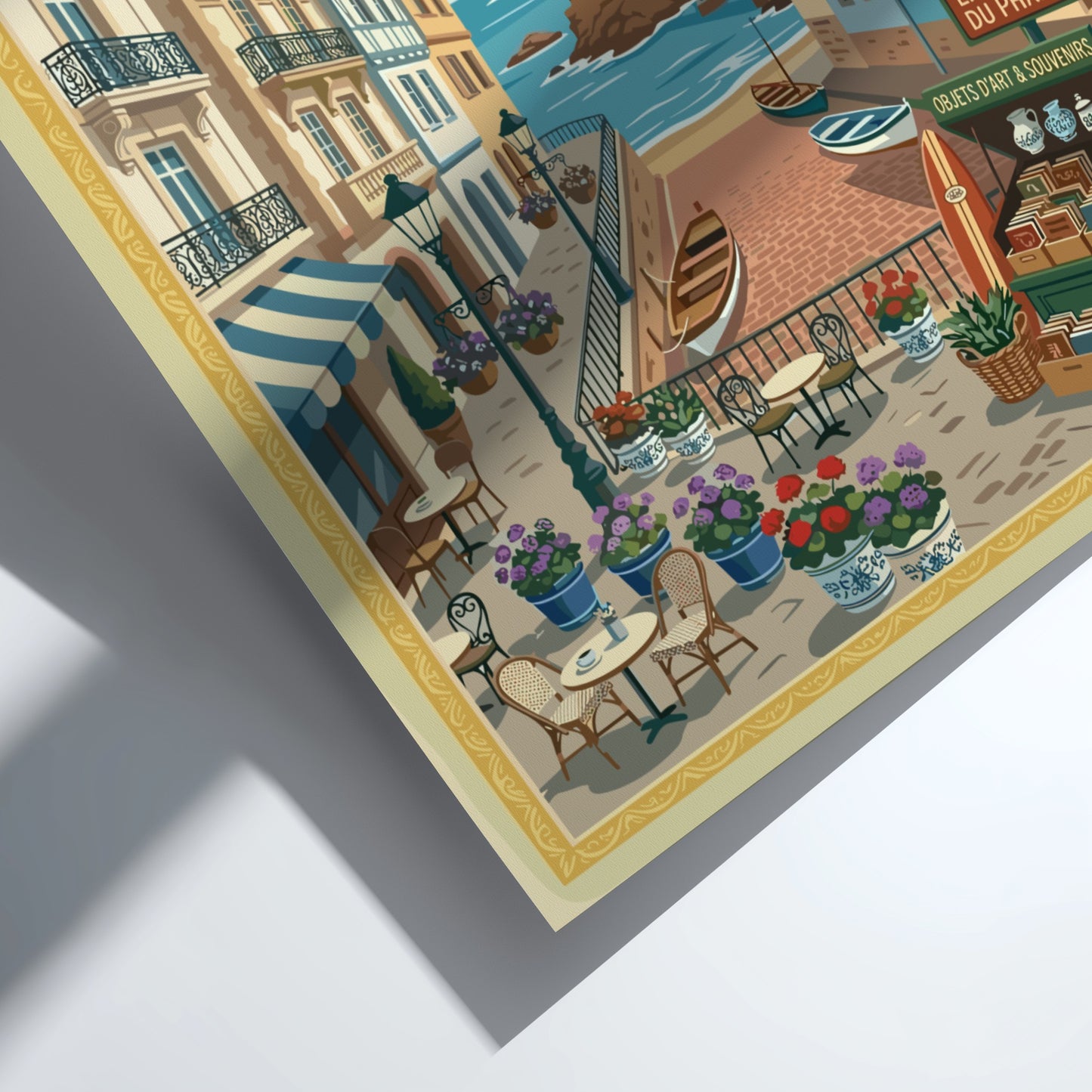Biarritz, France travel poster with a street leading to the lighthouse and ocean, in a vibrant illustrative
