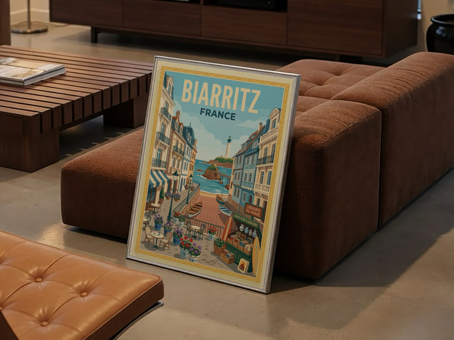 Biarritz, France travel poster with a street leading to the lighthouse and ocean, in a vibrant illustrative