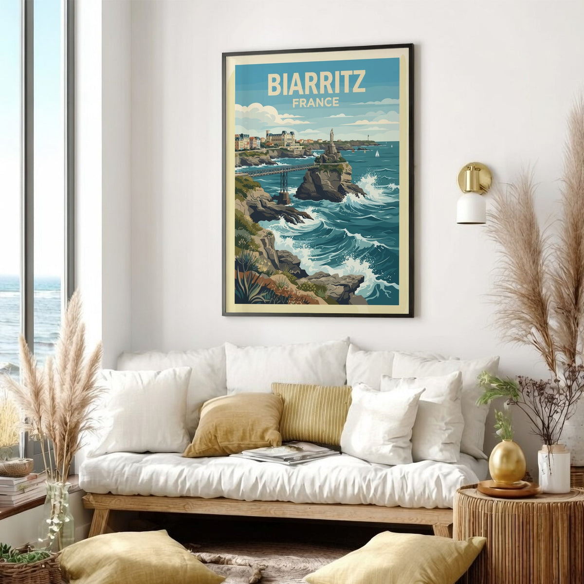 Biarritz France travel poster showing a coastal statue, iron bridge, and blue ocean waves.