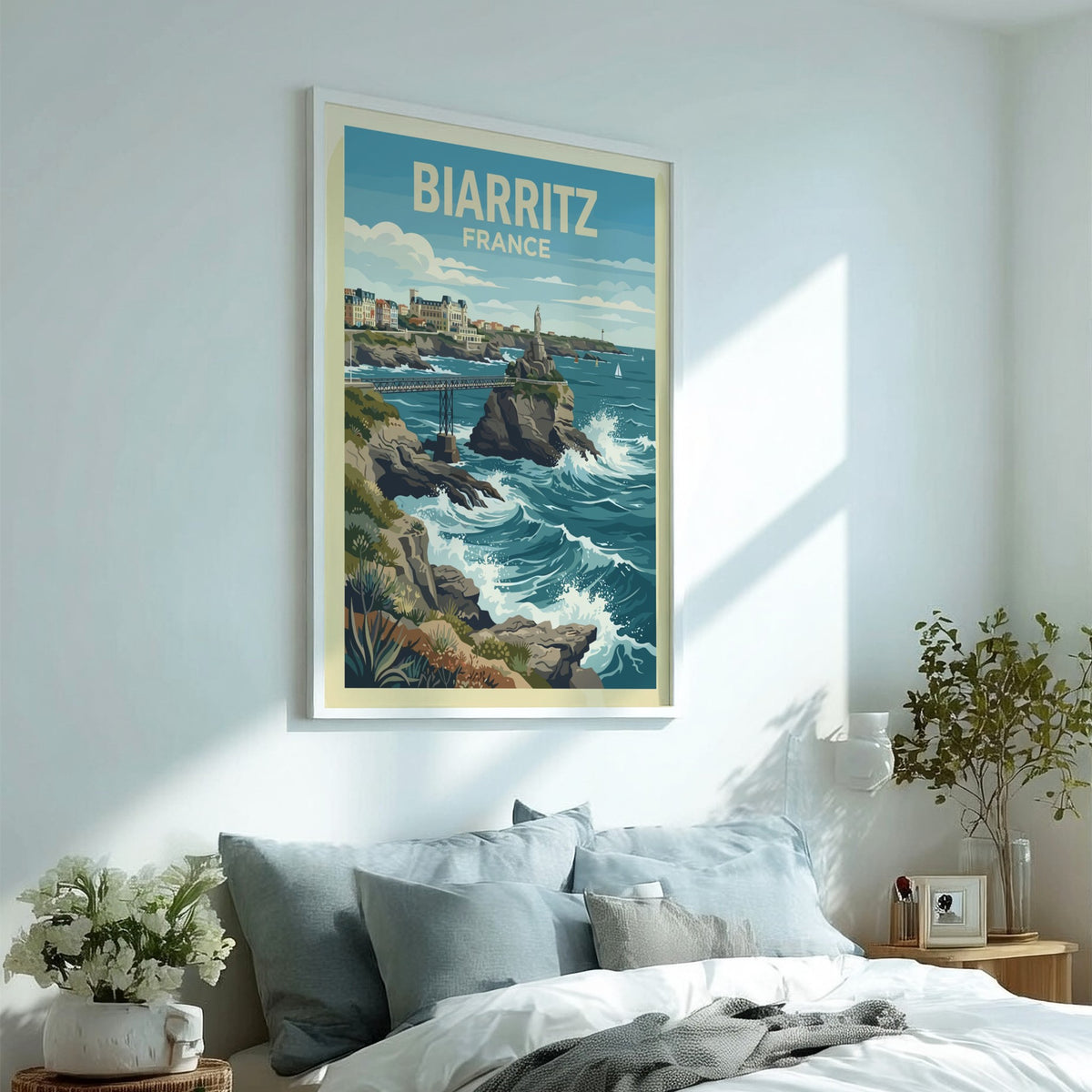 Biarritz France travel poster showing a coastal statue, iron bridge, and blue ocean waves.