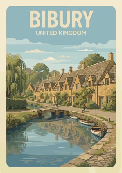 Bibury United Kingdom poster featuring charming stone cottages, a stone bridge, and boats.