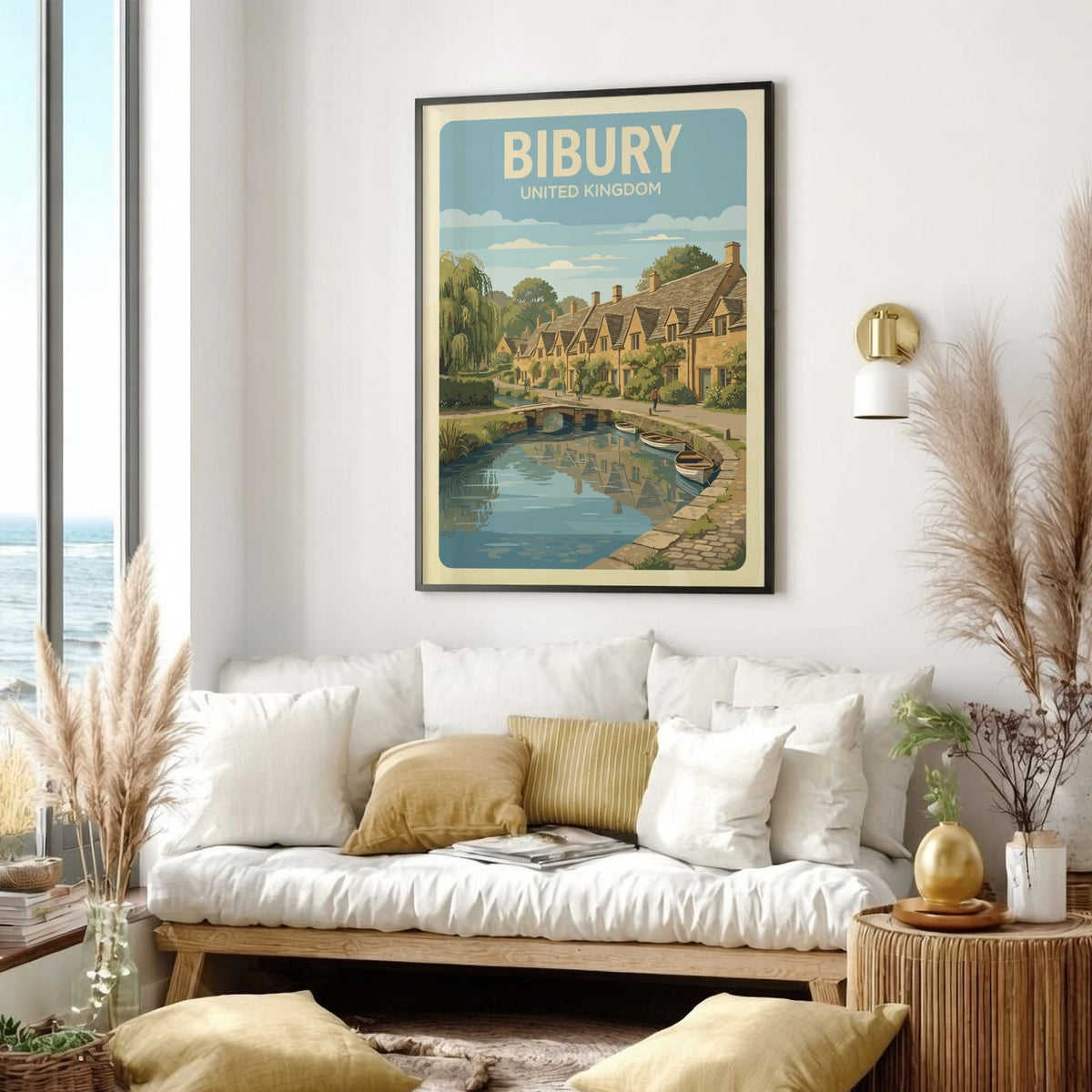 Bibury United Kingdom poster featuring charming stone cottages, a stone bridge, and boats.