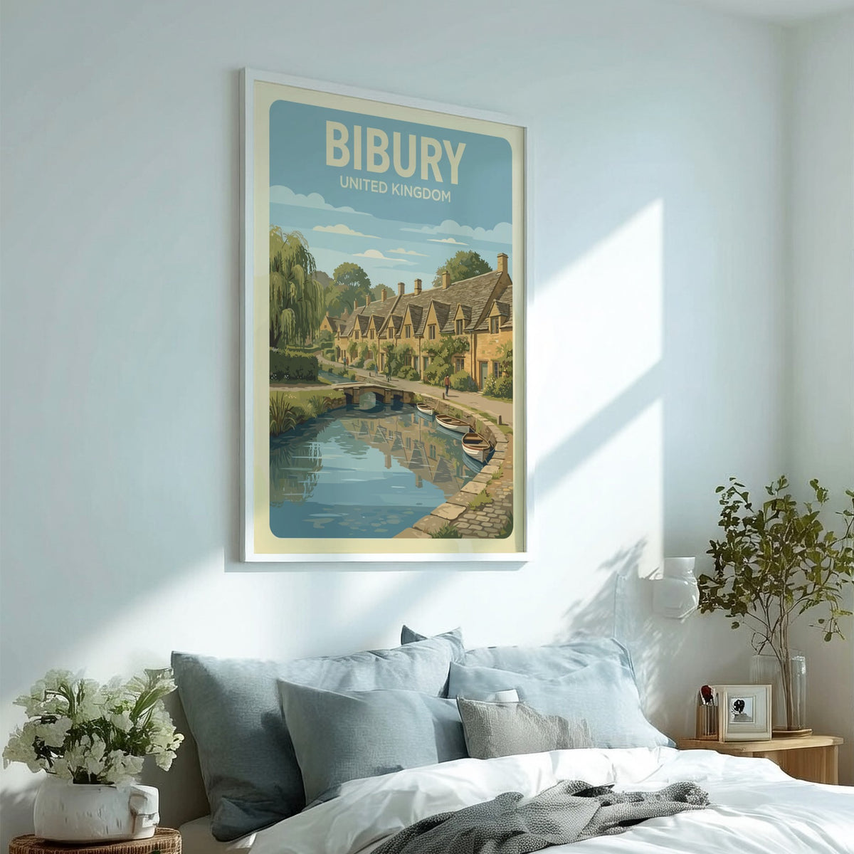 Bibury United Kingdom poster featuring charming stone cottages, a stone bridge, and boats.