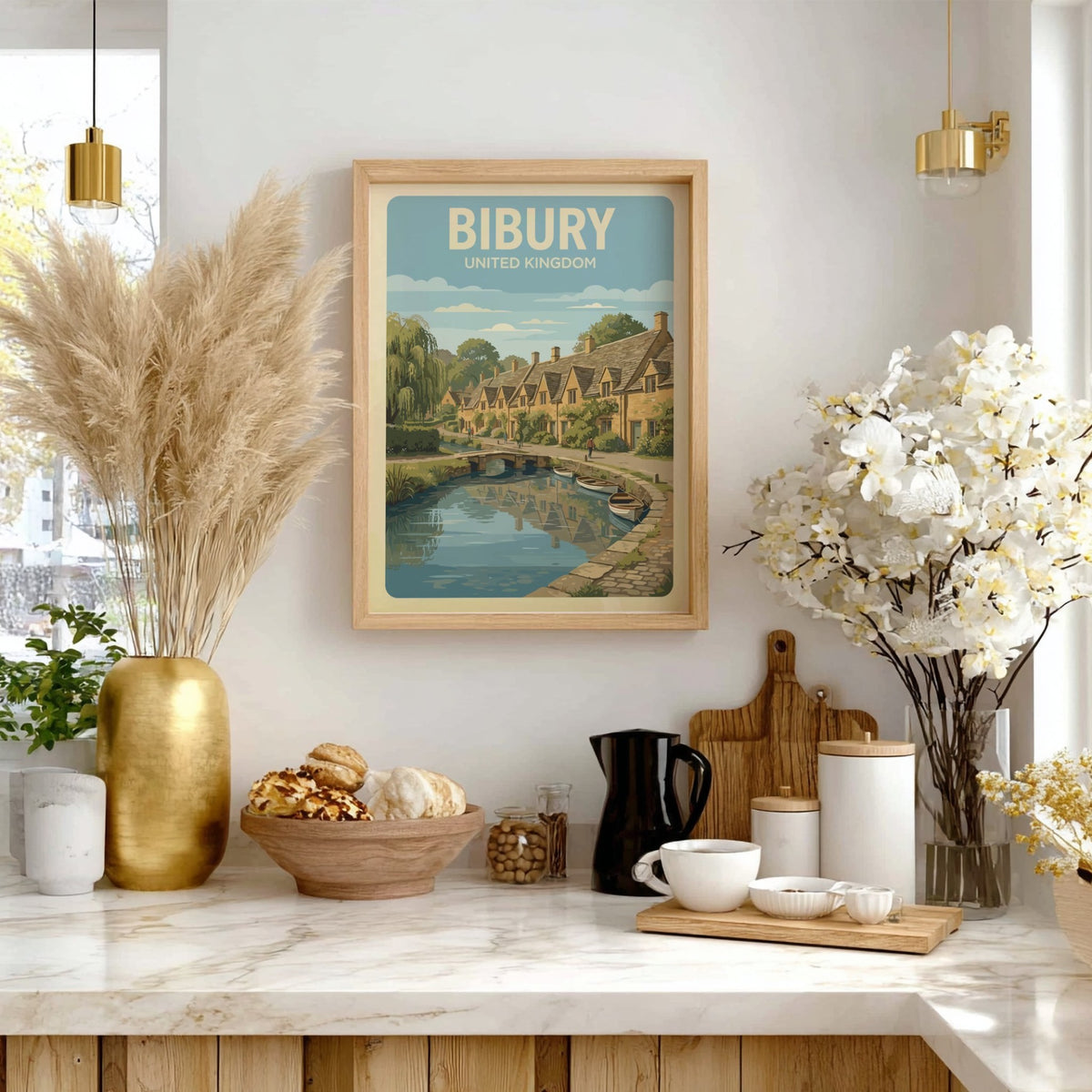 Bibury United Kingdom poster featuring charming stone cottages, a stone bridge, and boats.