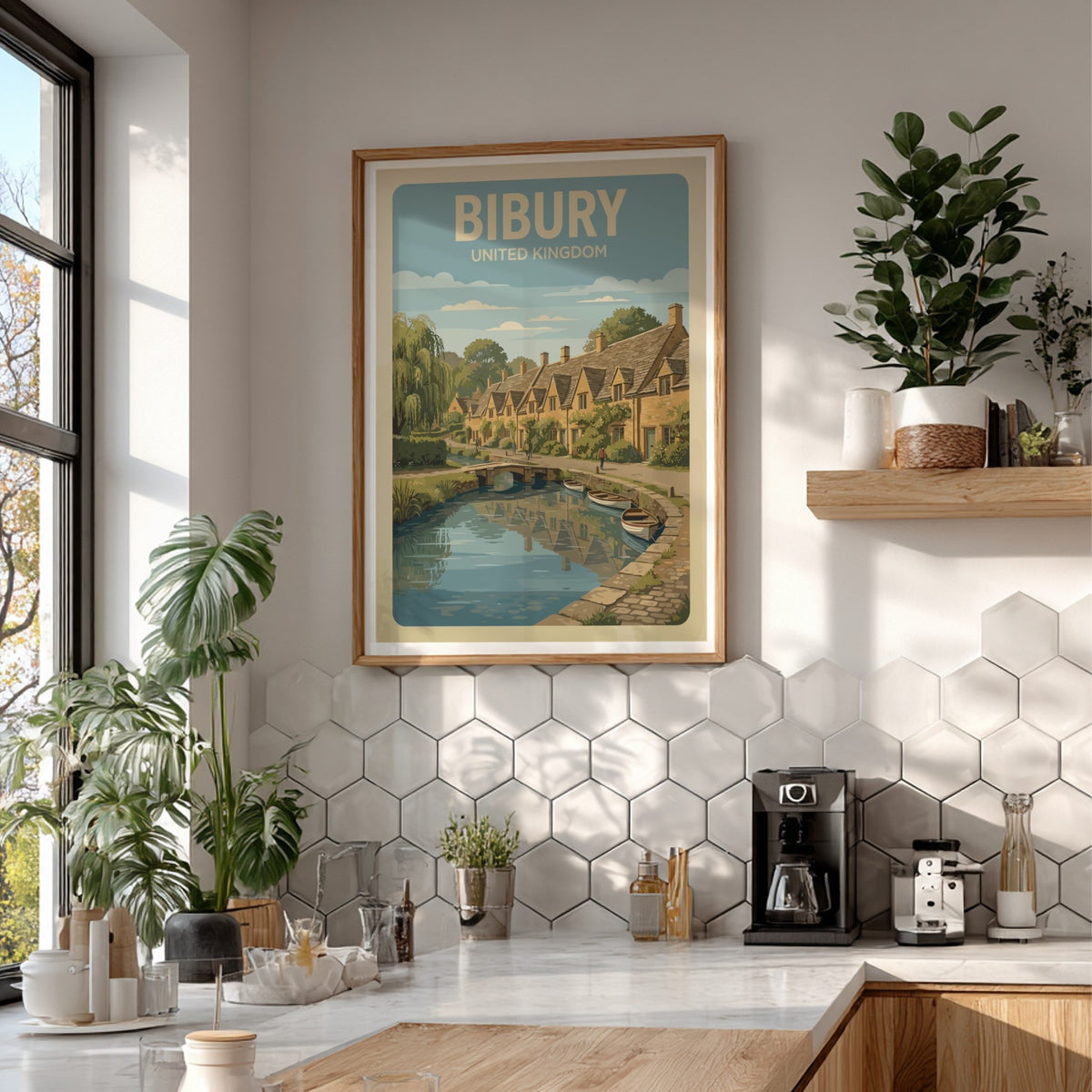 Bibury United Kingdom poster featuring charming stone cottages, a stone bridge, and boats.