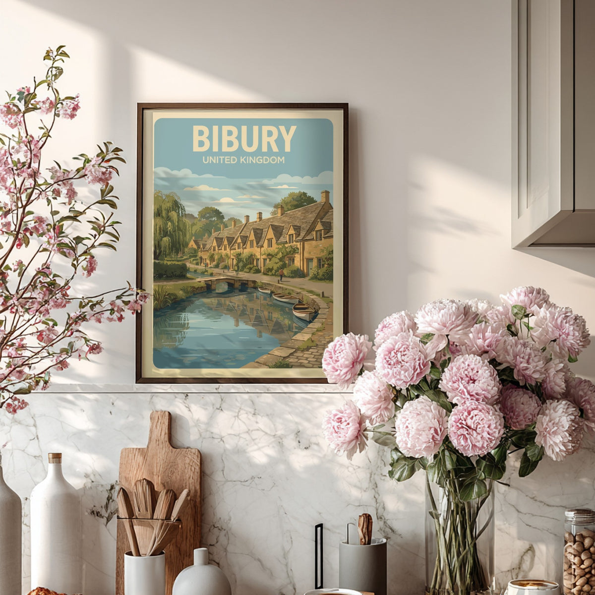 Bibury United Kingdom poster featuring charming stone cottages, a stone bridge, and boats.