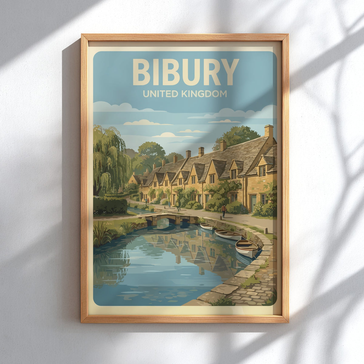 Bibury United Kingdom poster featuring charming stone cottages, a stone bridge, and boats.