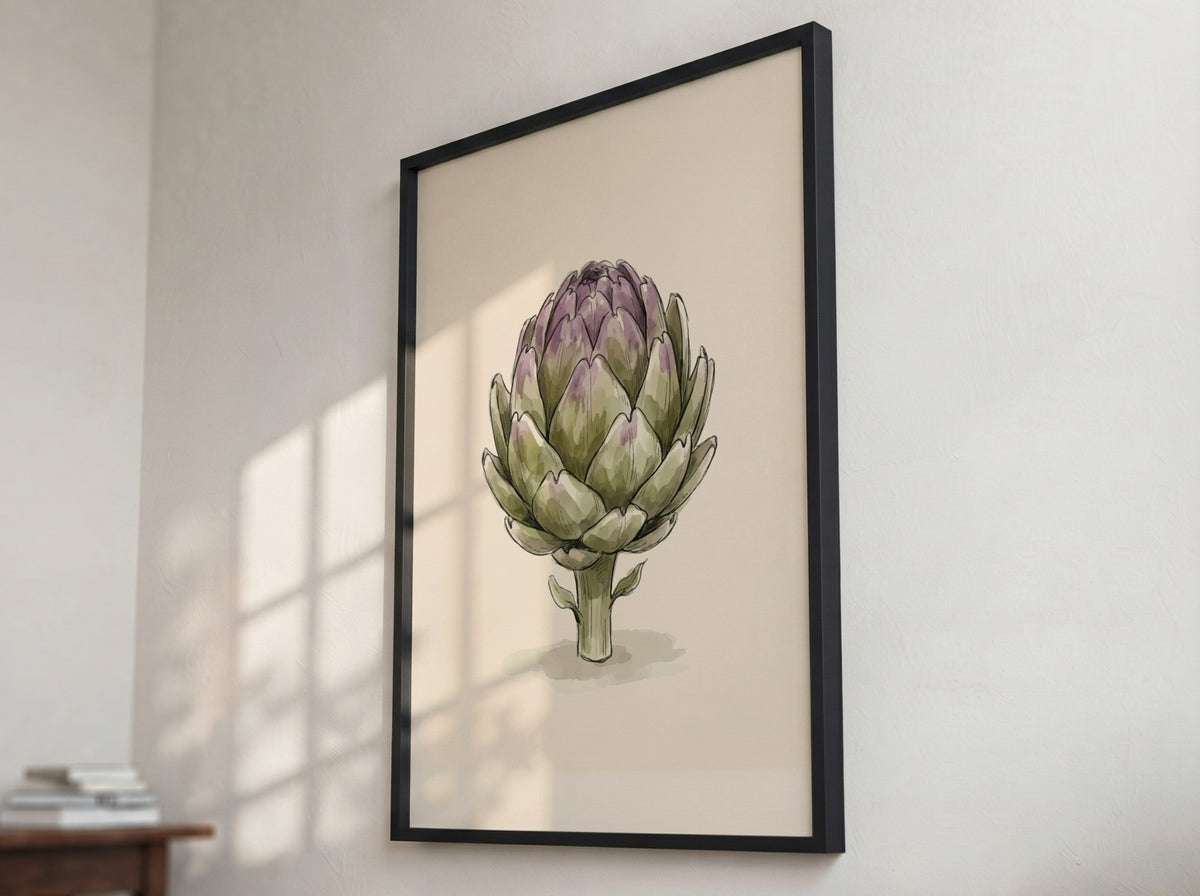 Artichoke poster featuring soft green and violet painterly leaves on a light cream background