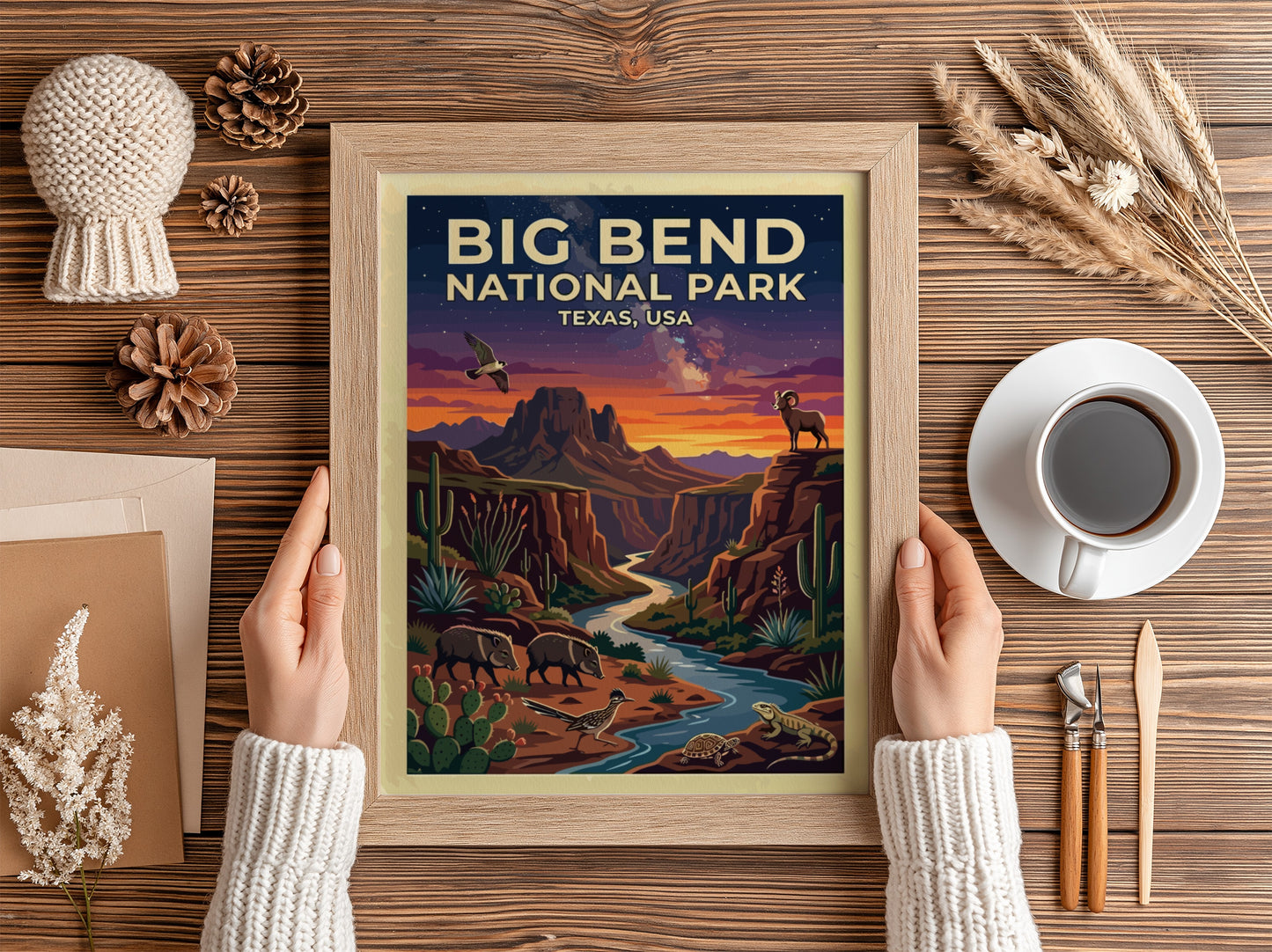 Travel poster of Big Bend National Park featuring desert wildlife and sunset mountain landscapes.