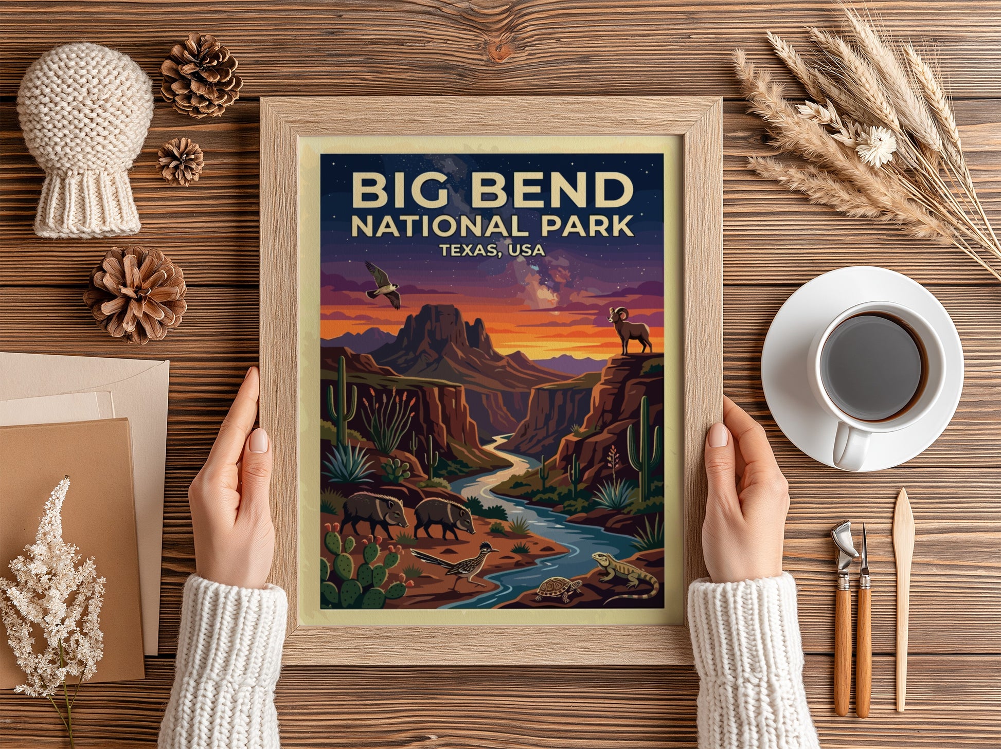Travel poster of Big Bend National Park featuring desert wildlife and sunset mountain landscapes.