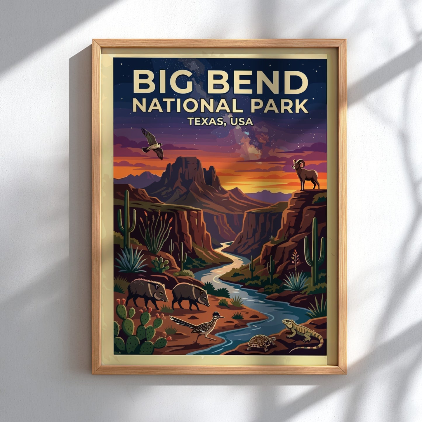 Travel poster of Big Bend National Park featuring desert wildlife and sunset mountain landscapes.