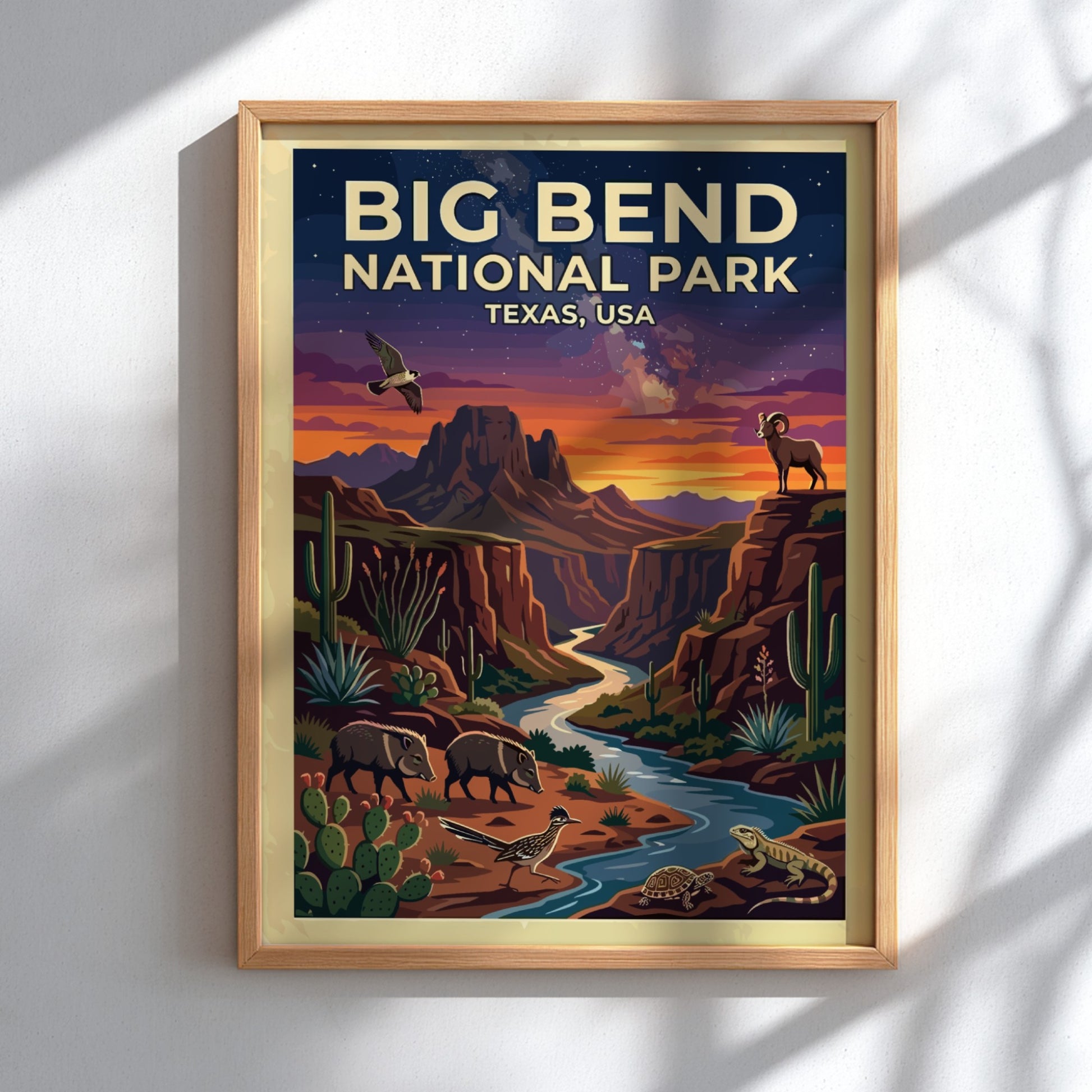 Travel poster of Big Bend National Park featuring desert wildlife and sunset mountain landscapes.