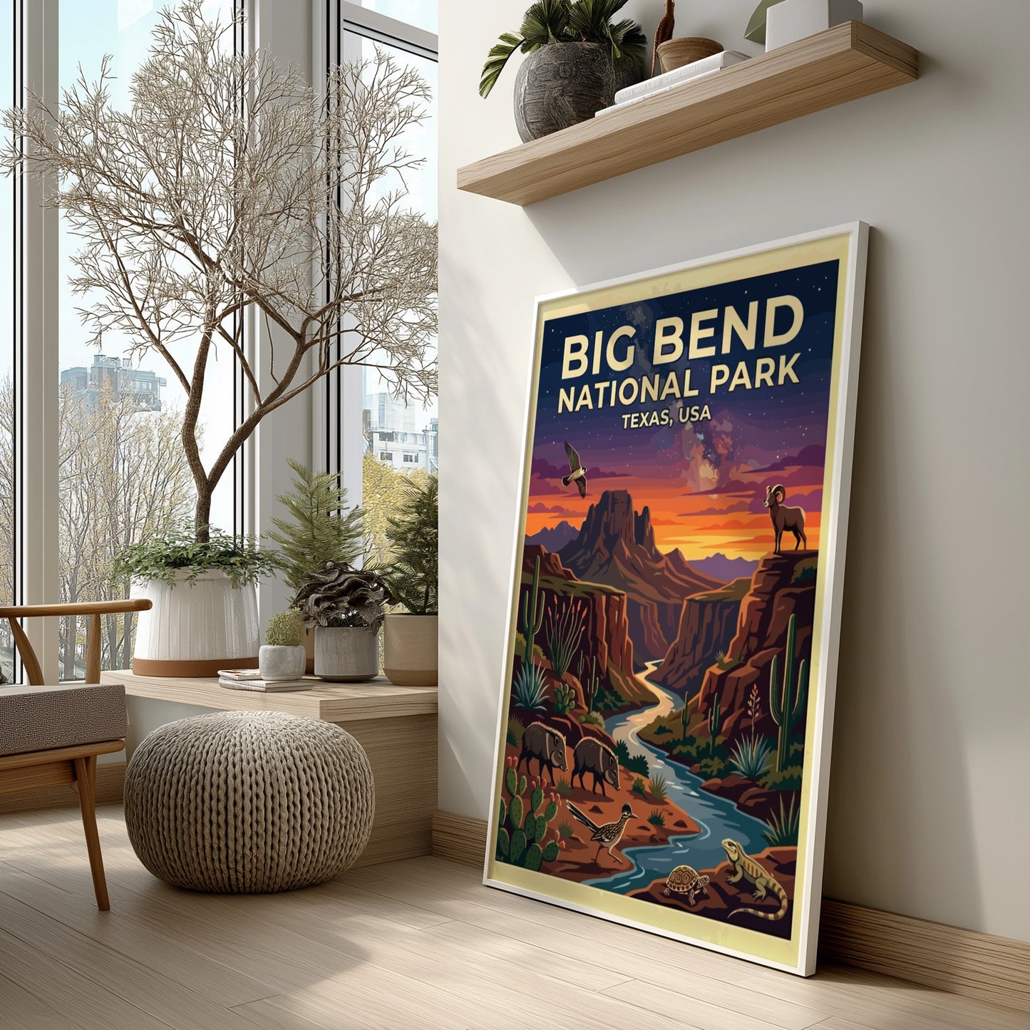 Travel poster of Big Bend National Park featuring desert wildlife and sunset mountain landscapes.