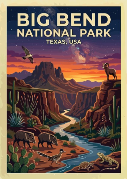 Travel poster of Big Bend National Park featuring desert wildlife and sunset mountain landscapes.