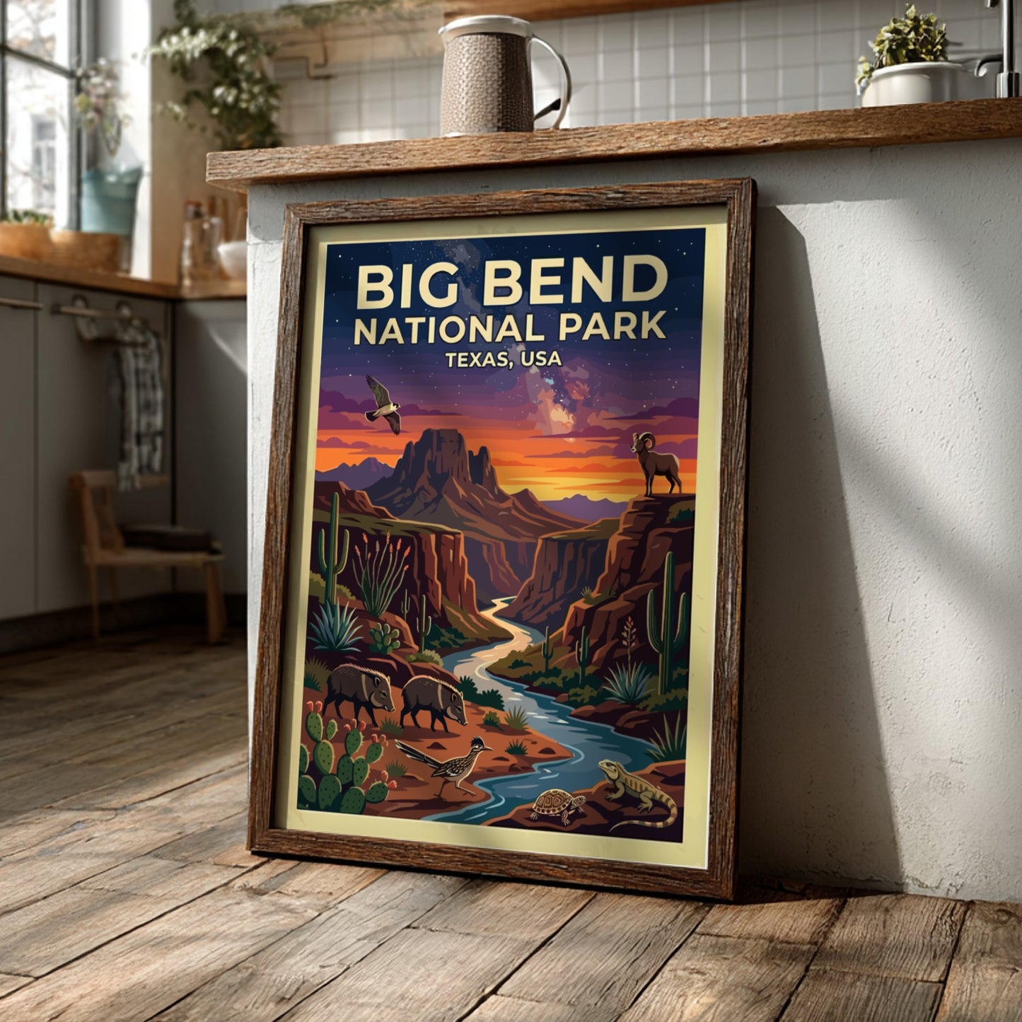 Travel poster of Big Bend National Park featuring desert wildlife and sunset mountain landscapes.