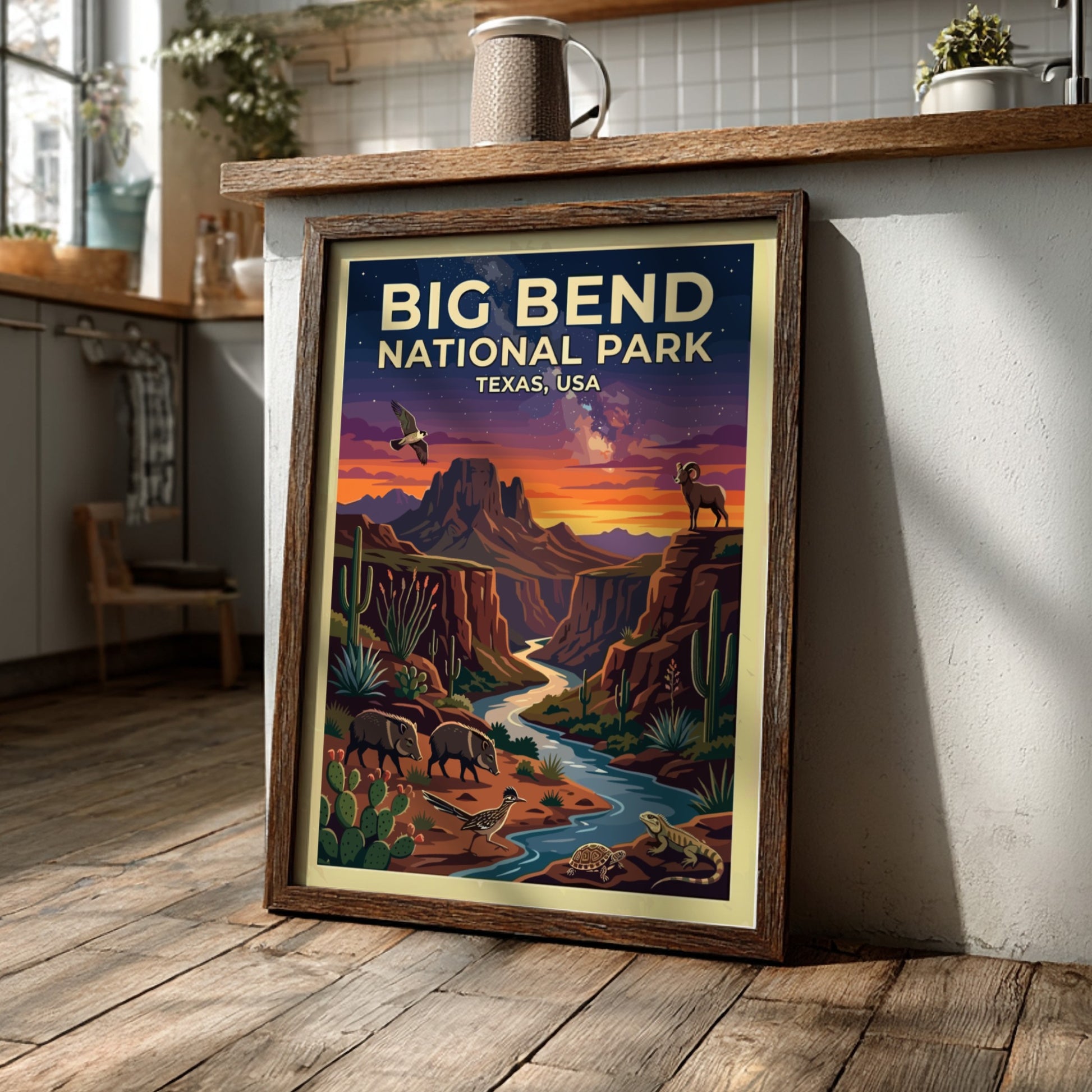 Travel poster of Big Bend National Park featuring desert wildlife and sunset mountain landscapes.