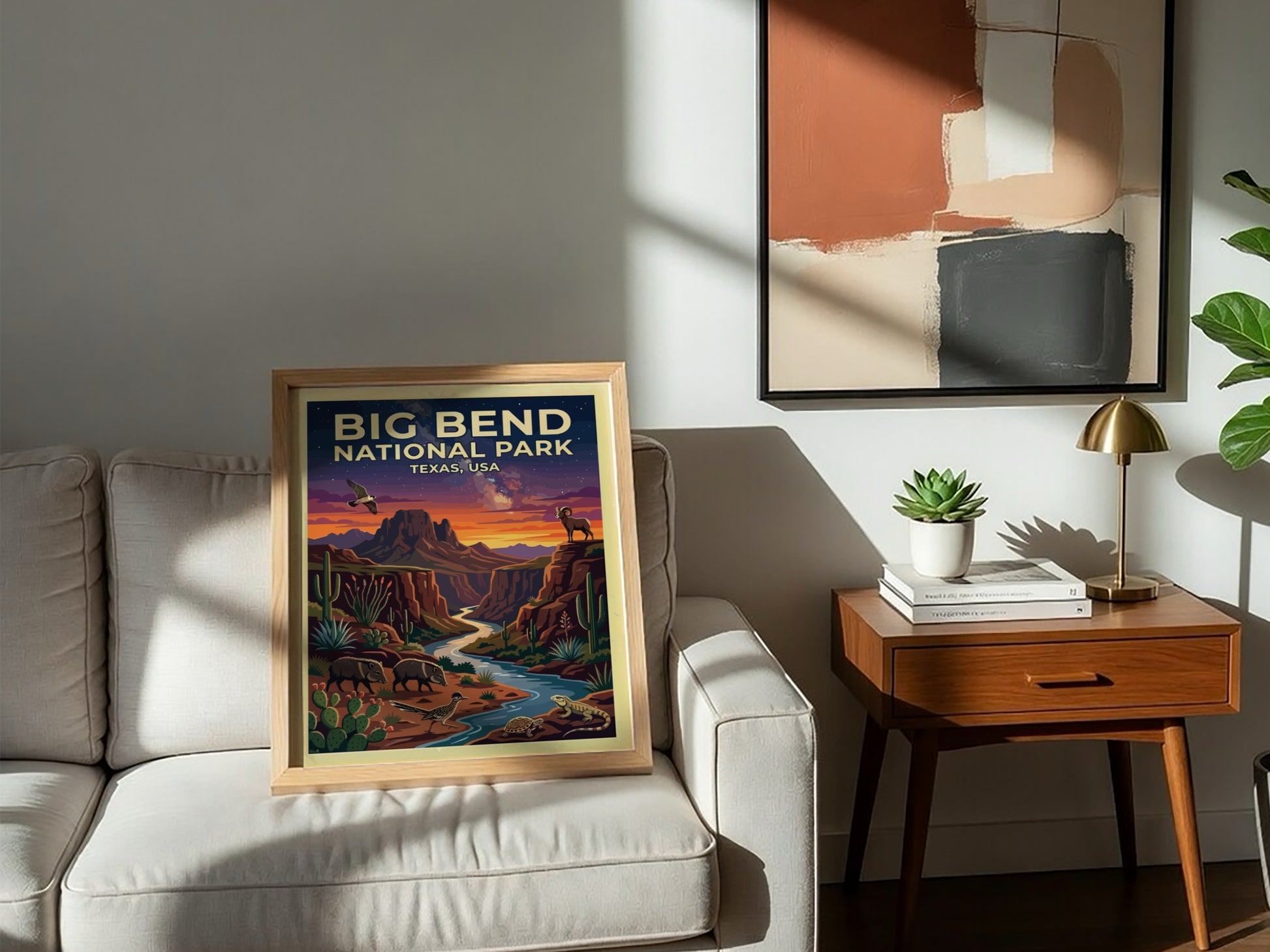 Travel poster of Big Bend National Park featuring desert wildlife and sunset mountain landscapes.