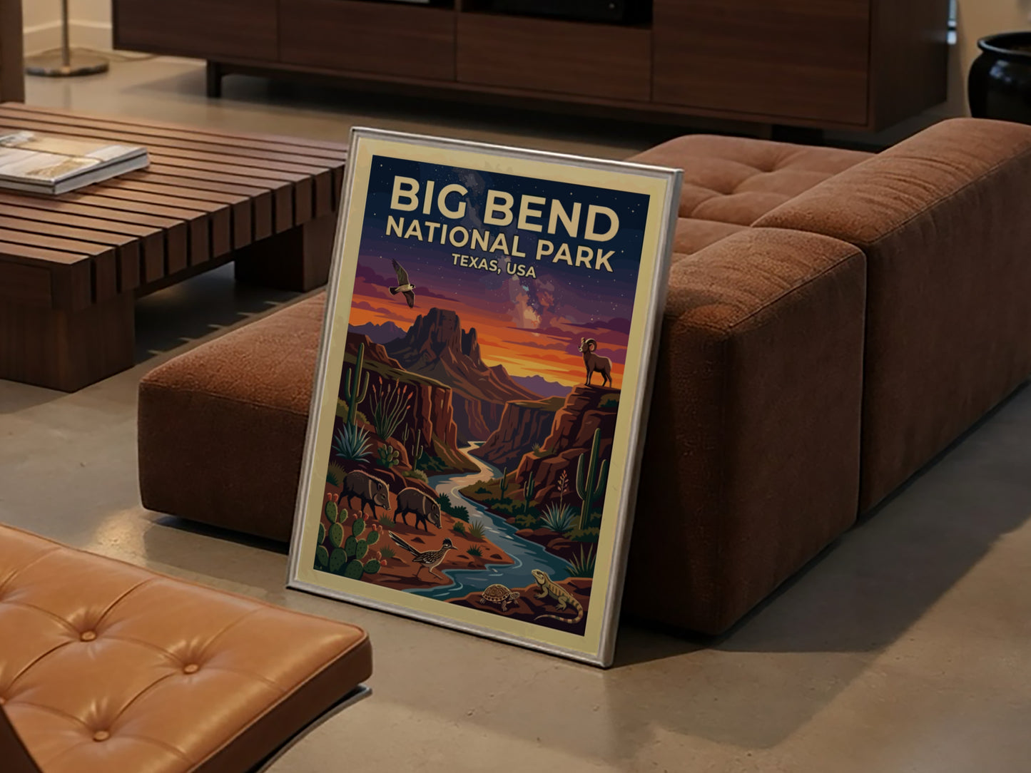 Travel poster of Big Bend National Park featuring desert wildlife and sunset mountain landscapes.