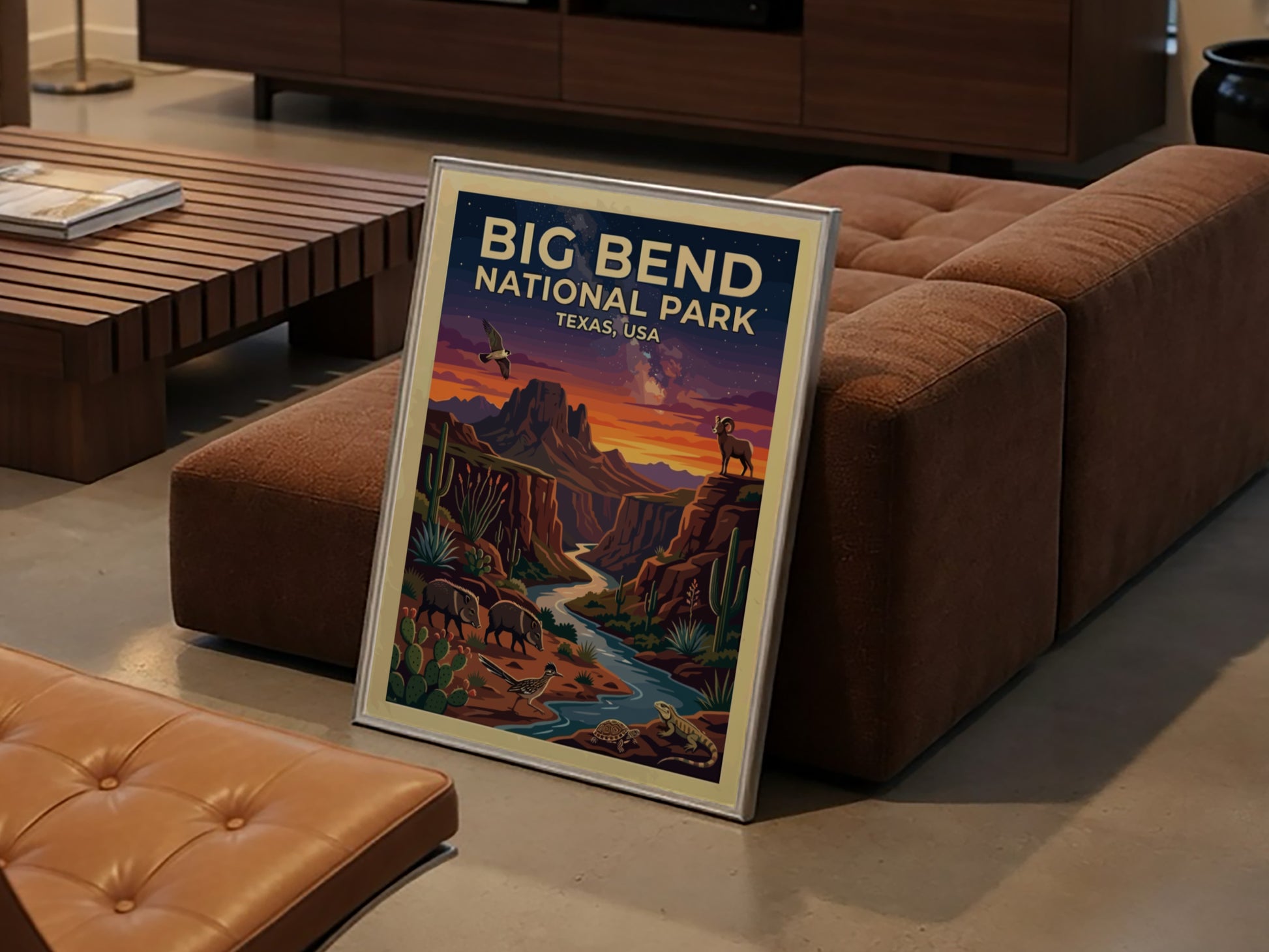 Travel poster of Big Bend National Park featuring desert wildlife and sunset mountain landscapes.