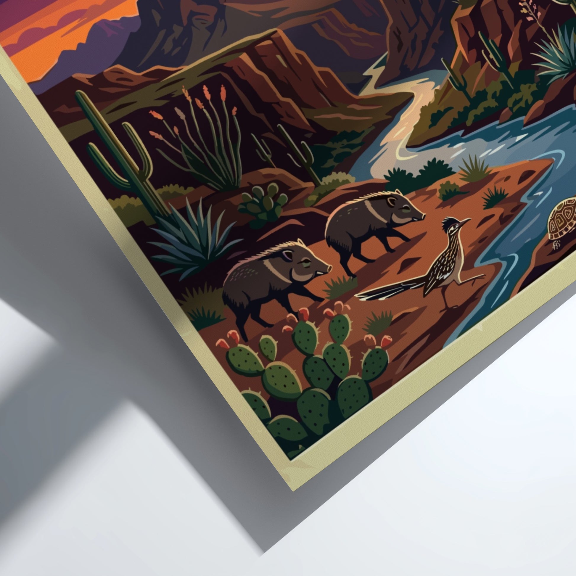 Travel poster of Big Bend National Park featuring desert wildlife and sunset mountain landscapes.