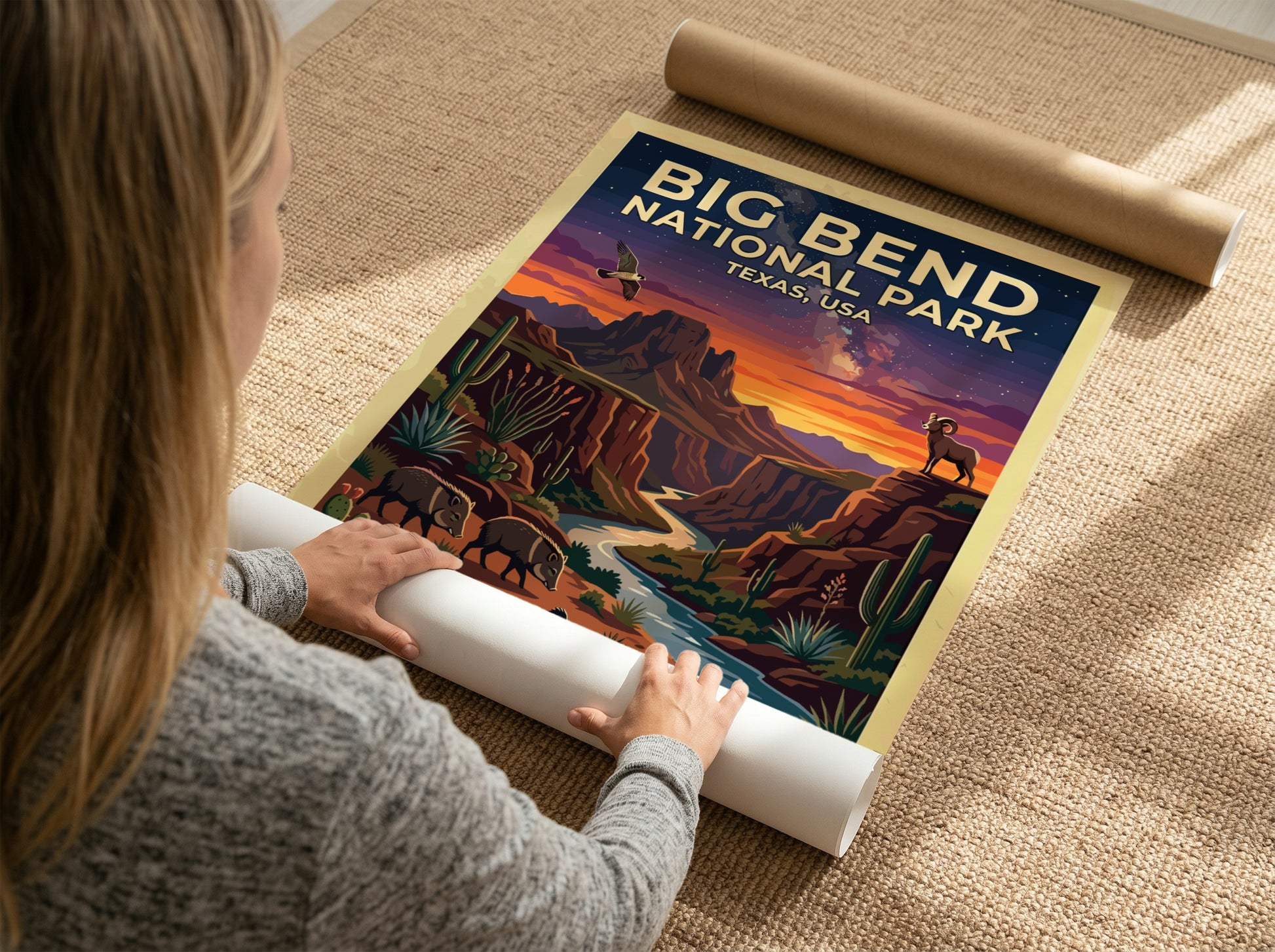 Travel poster of Big Bend National Park featuring desert wildlife and sunset mountain landscapes.