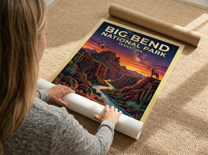 Travel poster of Big Bend National Park featuring desert wildlife and sunset mountain landscapes.