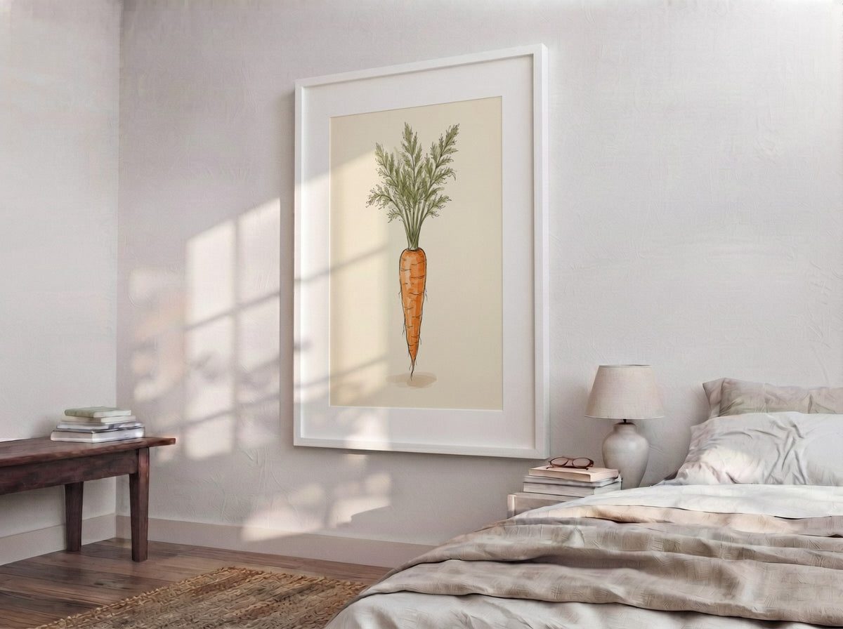 Watercolour carrot illustration with orange root and green leaves on a cream background
