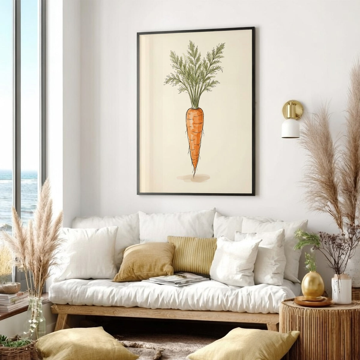 Watercolour carrot illustration with orange root and green leaves on a cream background