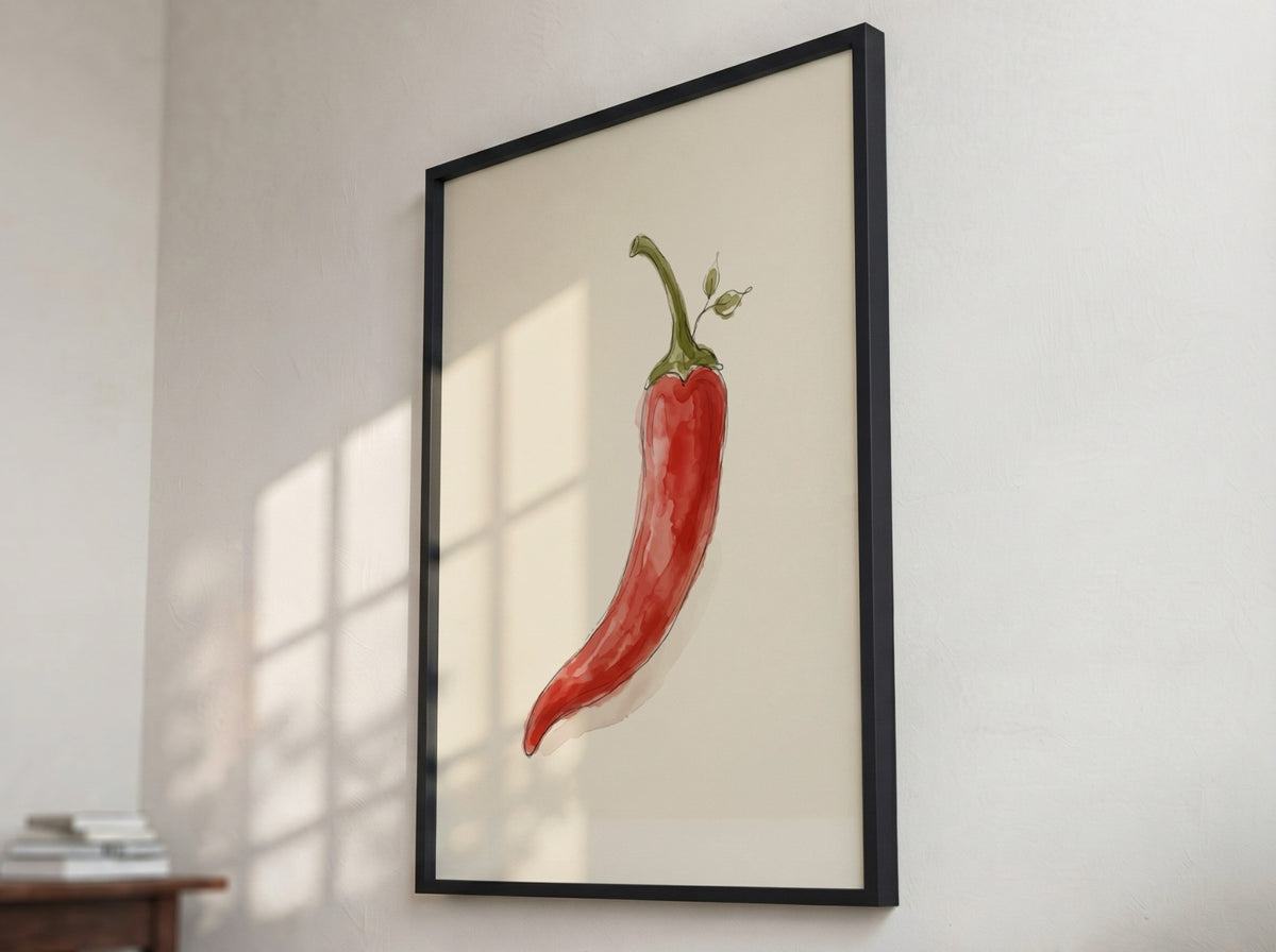 Watercolour poster of a single red chili pepper with a green stem on cream