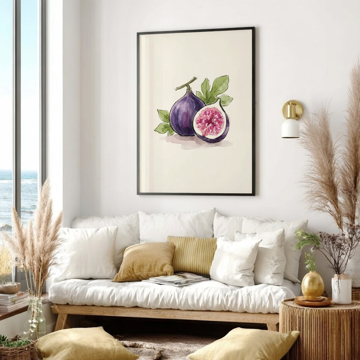 Poster featuring a watercolour illustration of a whole purple fig and sliced fig.