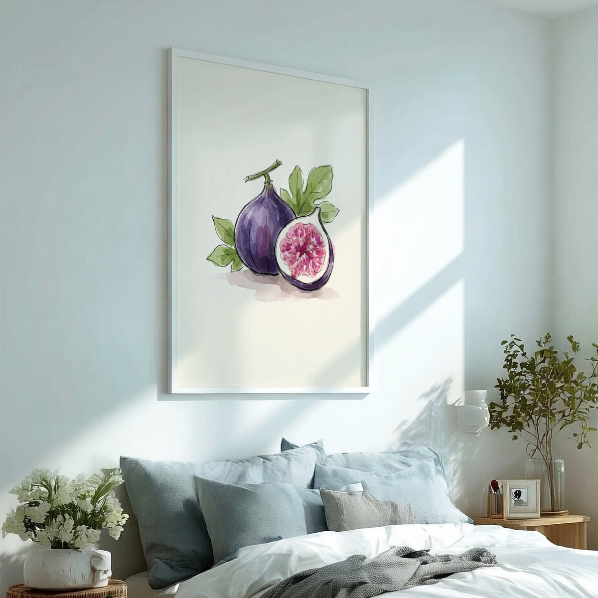 Poster featuring a watercolour illustration of a whole purple fig and sliced fig.