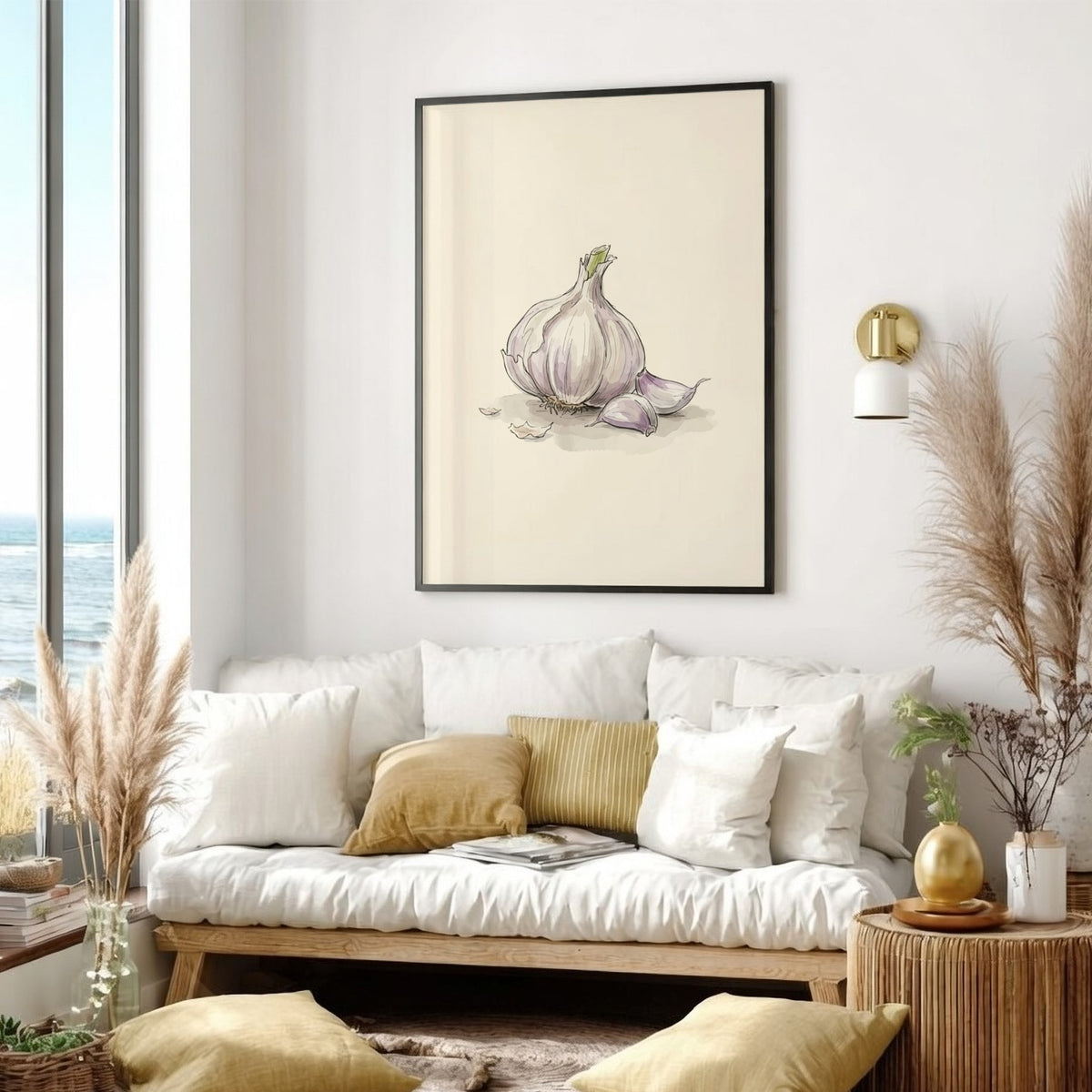 Poster featuring a watercolour garlic bulb with individual cloves on a cream background.