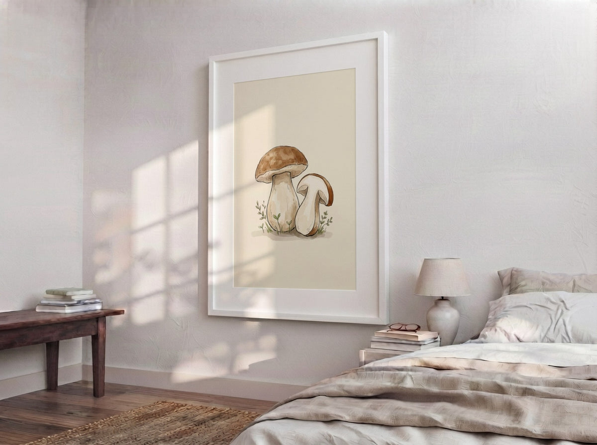 Poster featuring a detailed brown porcini mushroom and cross-section in soft watercolour style