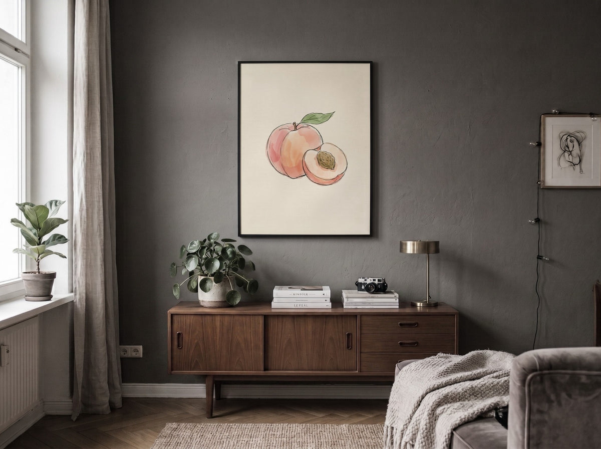Peach fruit illustration in soft watercolour style on a light cream background for decor