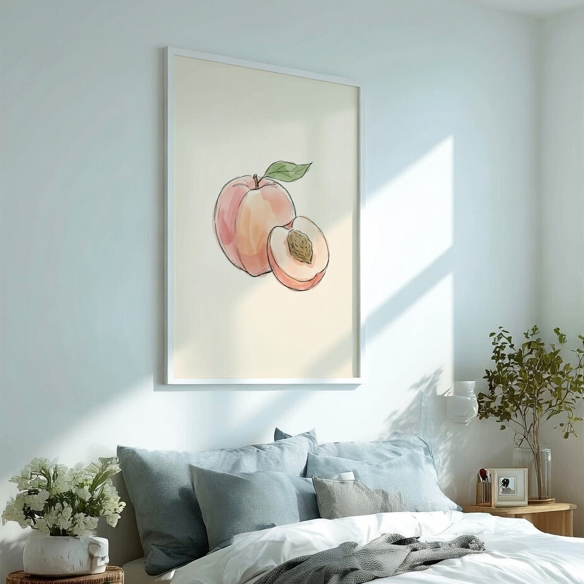 Peach fruit illustration in soft watercolour style on a light cream background for decor
