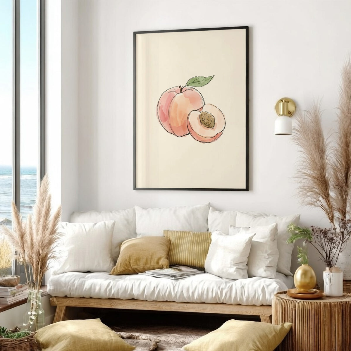 Peach fruit illustration in soft watercolour style on a light cream background for decor
