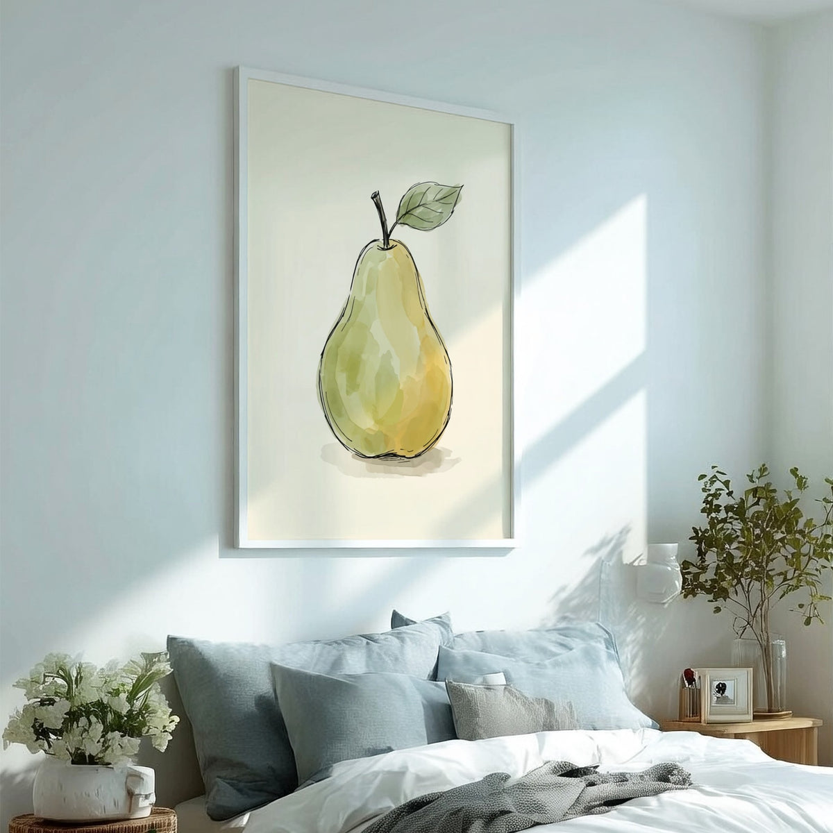 Watercolour pear poster featuring green and yellow fruit with ink outlines on cream background