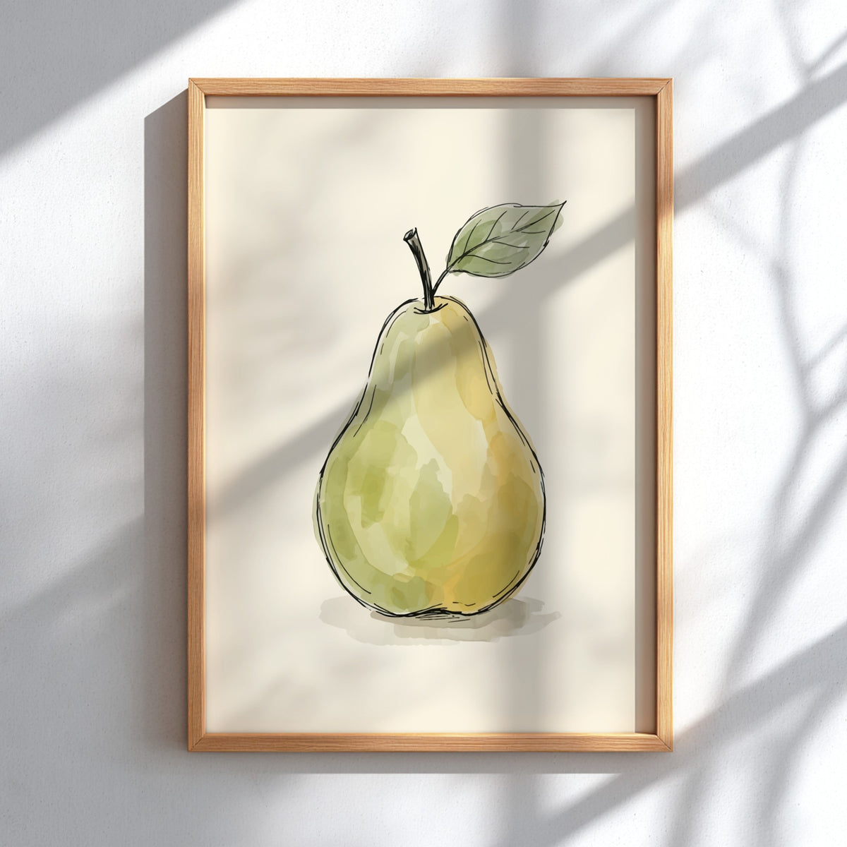 Watercolour pear poster featuring green and yellow fruit with ink outlines on cream background