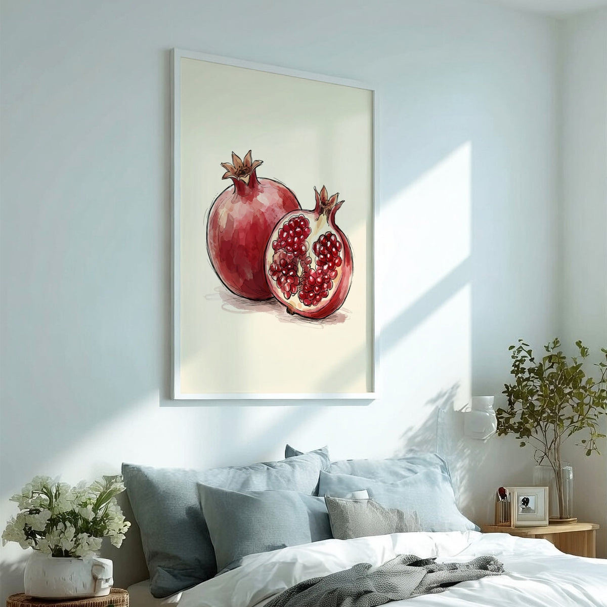 Poster featuring a hand-drawn pomegranate illustration with one whole fruit and one halved piece.