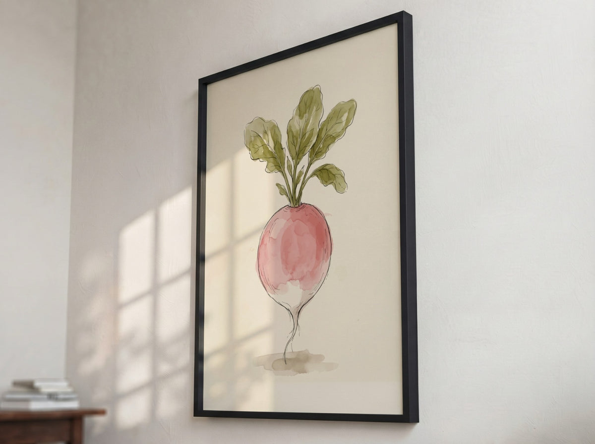 Poster featuring a watercolour garden radish with pink root and green leaves on cream.