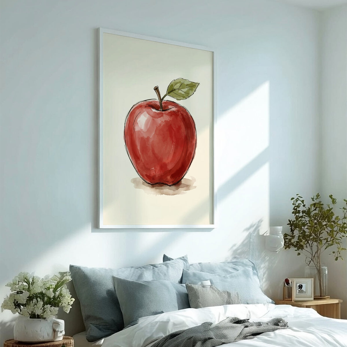 Watercolour poster featuring a single red apple with a green leaf on cream.