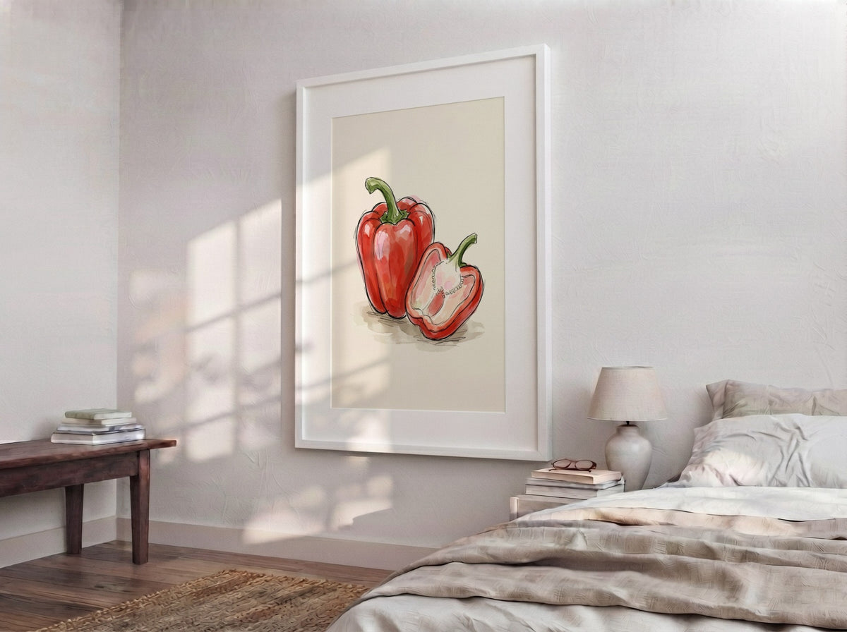 Poster featuring a vibrant red bell pepper and a halved pepper in watercolour style