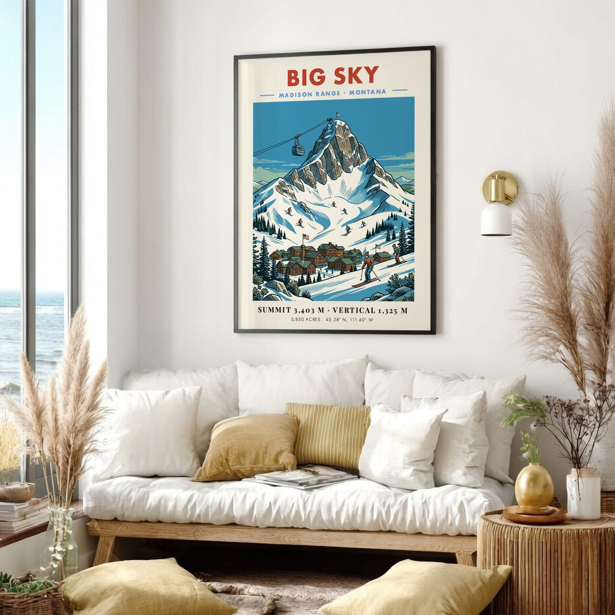 Poster of Big Sky Montana with a snowy mountain peak and ski resort village