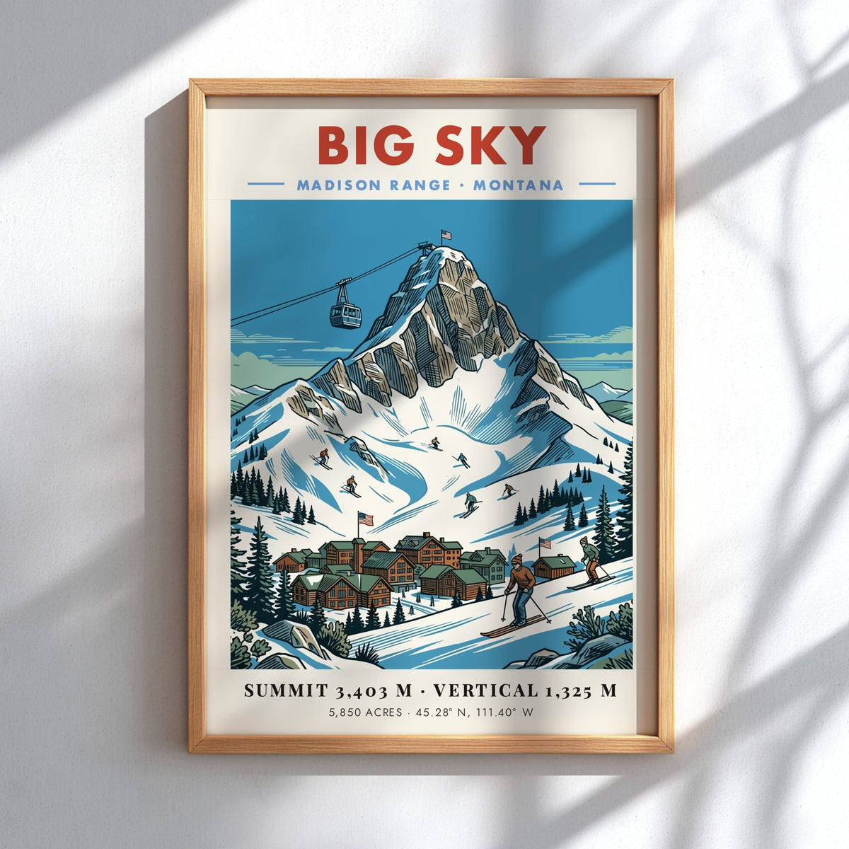 Poster of Big Sky Montana with a snowy mountain peak and ski resort village